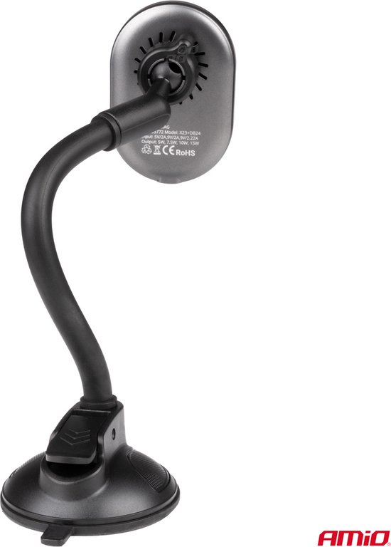 AMiO Magnetische Autohouder met 15W Draadloze Oplader en MagSafe - Verstelbare Arm en Zuignap Zwart