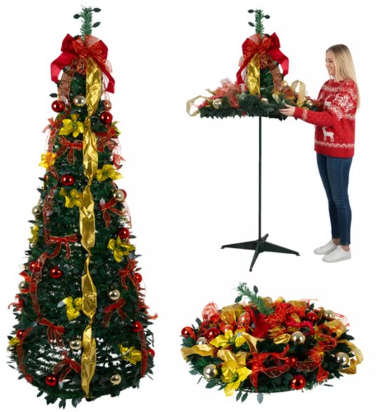 Ruhhy Kant en klare opvouwbare kerstboom 180 cm – met gouden linten en rode kerstballen
