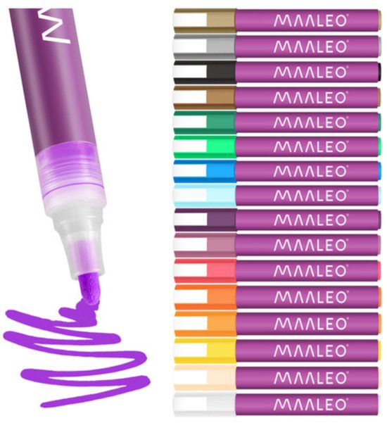 Maaleo Acrylmarkers Set 16 Kleuren – 8 ml, Sterke Dekking, Waterbestendig na Droging