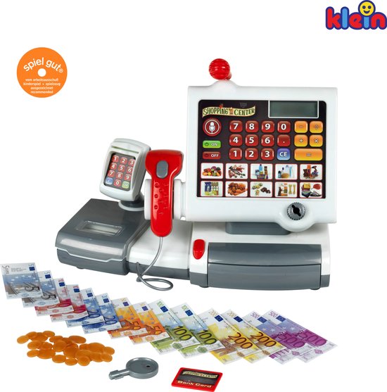 Klein Toys elektronische kassa - touchpad, scanner, weegschaal en rekenmachinefunctie - 31x15,5x23 cm - incl. speelgeld, uitschuifbare geldla, licht- en geluidseffecten - grijs