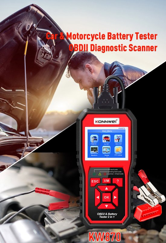 Konnwei KW870 Serie - Diagnostische OBD2 Scanner - Accutester - 6-18V Batterijen - LCD Scherm