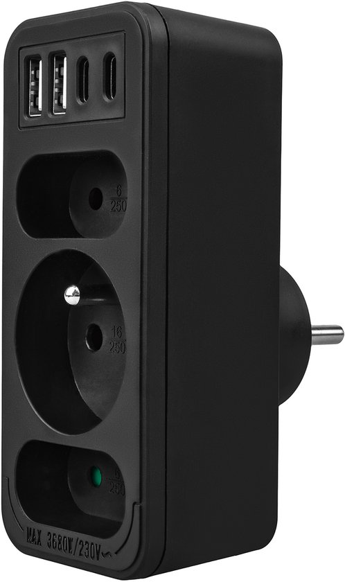 Maclean MCE248 F/B - Stekker - 3-voudige splitter 2x USB-A 2x USB-C - Zwart