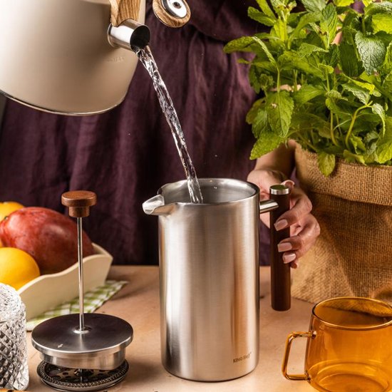 KINGHoff French Press 1 Liter – RVS 304 – Dubbelwandig – Houten Handgreep – Luxe Koffie & Thee Zetter – KH-1995