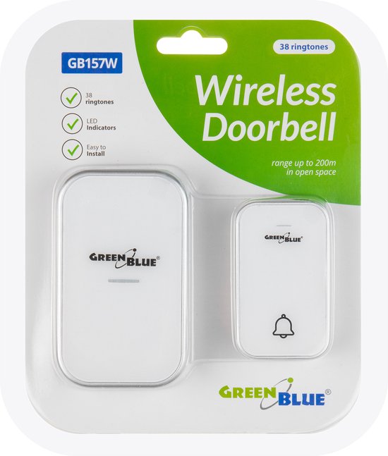 GreenBlue - Deurbel - kinetische / batterijloze / draadloze - 38 melodieën - bereik tot 200m, IP44 - Wit