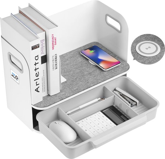 Ergo Office - reau-organizer met draadloze oplader | De en boekensteun voor kantoorbenodigdheden | Bureau-organizer Bureaublad tot 10 kg Wit