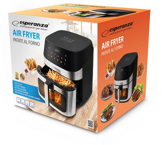 Esperanza Airfryer 8L – Heteluchtfriteuse zonder olie – 10 programma’s – Kijkvenster – Digitale bediening – Zwart
