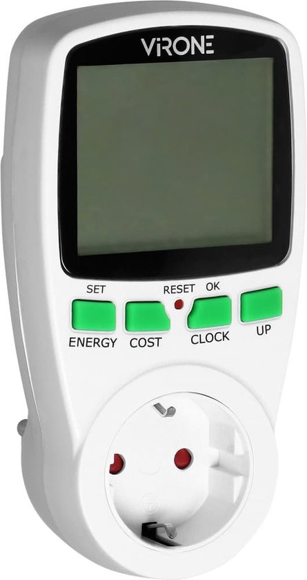 Energiemeter Verbruiksmeter elektriciteit max. 3680 Watt - Verbruiksmeter met LCD-display - Kwh meter voor in stopcontact Schuko - Stroomverbruik meter voor thuis - Energiekostenmeter met tijd - Wit