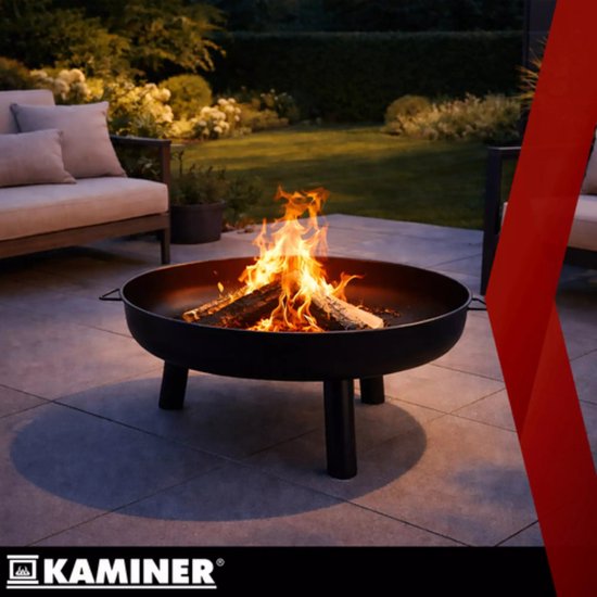 Kaminer Ronde vuurschaal 80 cm zwart met 3 poten en handgrepen voor tuin of terras