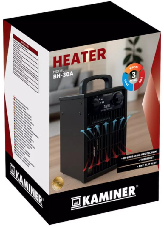 Kaminer elektrische kachel 3000W – ventilatorkachel met thermostaat, IPX4 en koelstand voor binnengebruik