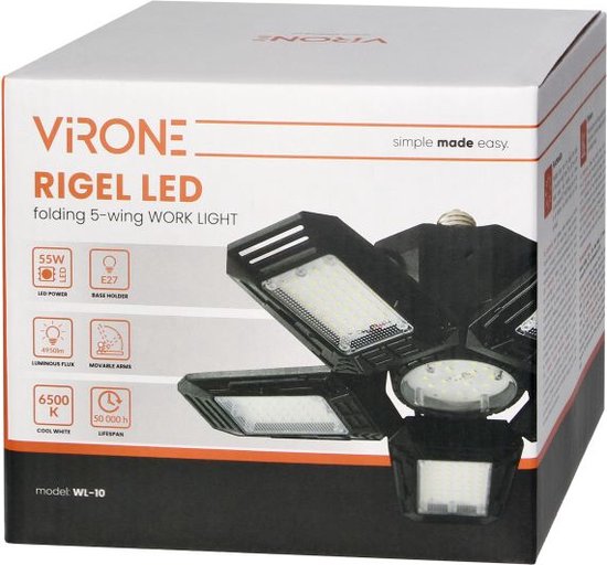 140362-RIGEL LED opvouwbare werkplaatslamp 5-leaf, E27 55W, 6500K, 4950lm-ORN