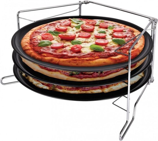 KINGHOFF - Pizza Tray Set - 4-delig Pizzaplaat en Houder Set - Antiaanbak Pizzatrays met Standaard - Pizza Accessoires Keuken - Ø32.3cm - Staal