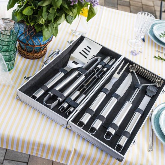 Klausberg KB-7901 Barbecue Set – 10-delige Grillaccessoires in Opbergcase (RVS, Compleet) - BBQ Tangenset - Giftset - BBQ set - Kamado / Gasbarbecue