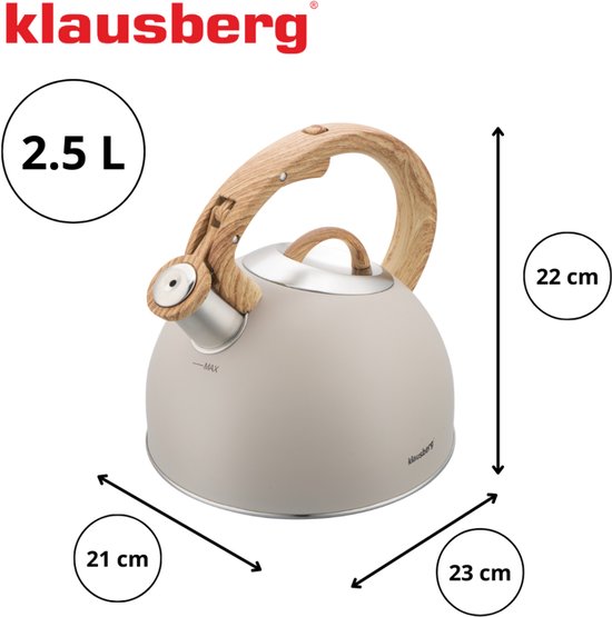 Klausberg 7913 - Fluitketel met fluit - 2.5 liter - RVS - beige