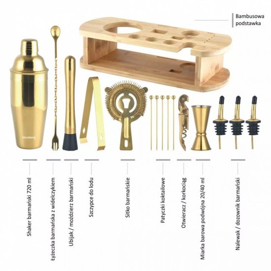 Klausberg KB-7583 - Cocktailset - 16 Delig - Goudkleurig - Bambus Standaard
