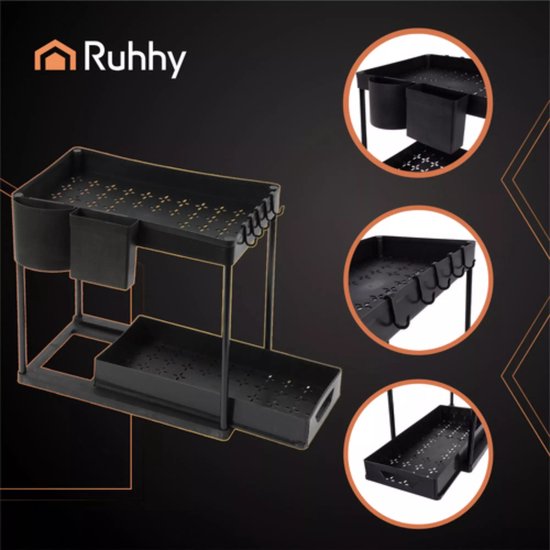 Ruhhy gootsteen organizer 2-laags – zwart rek met uittrekbare planken voor keuken en badkamer