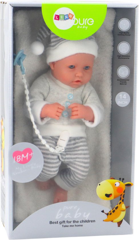 Levensechte babypop - wit/grijs gestreept - 35x16x10 cm - incl accessoires