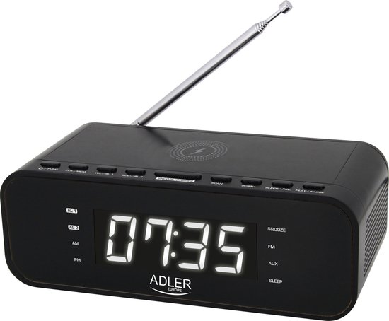 Adler 1192B - Wekkerradio met draadloze oplader voor je telefoon - zwart