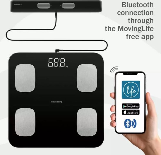 Klausberg 7857 - Slimme Bluetooth Personenweegschaal met Lichaamsanalyse en Handgreep – Gewicht, BMI, Vetpercentage, Spiermassa, Kleurendisplay -wit
