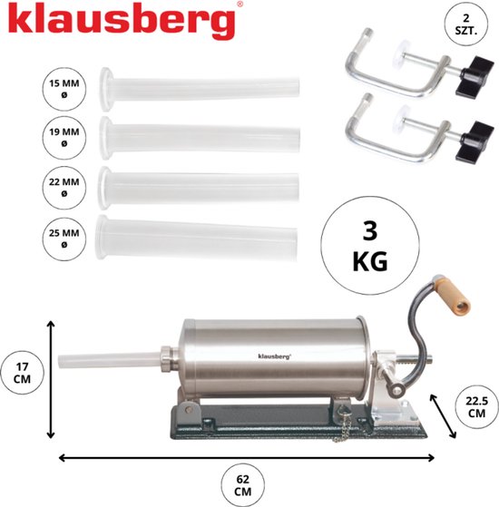 Klausberg KB-7928 Horizontale Worstvuller | 3 kg Capaciteit | RVS | Met Klemmen en Zuiger | Vleesvuller | Worstmaker