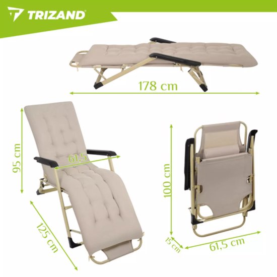 Trizand 3-in-1 tuinligstoel voor terras, tuin of strand met verstelbare rugleuning, beensteun en dik wasbaar kussen