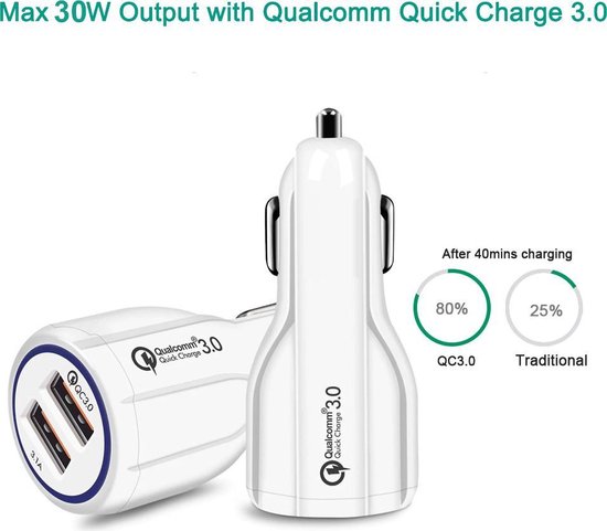 Maclean MCE478 W USB-oplader met 2 sleuven 12-24V sigarettenaansteker Quick Charge 3.0 Snelladen auto 1xQC3.0 5V / 3A, 9V / 1.8A, 12V / 1.6A 1x 5V / 3.1A Auto-oplader voor mobiele telefoon Wit