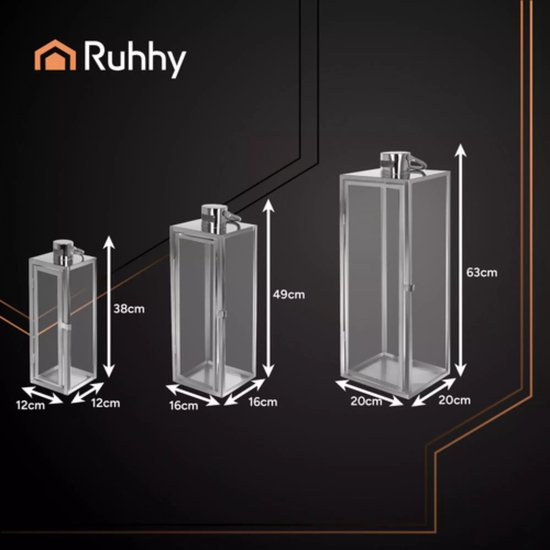 Ruhhy zilveren lantaarns set 38‑49‑63 cm – modern design, set van 3 – staal & glas zilver