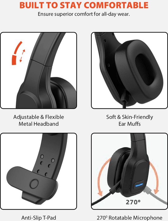 Bluetooth Hoofdtelefoon met Ruisonderdrukking-  Handsfree draadloos-  32 uur gesprekstijd