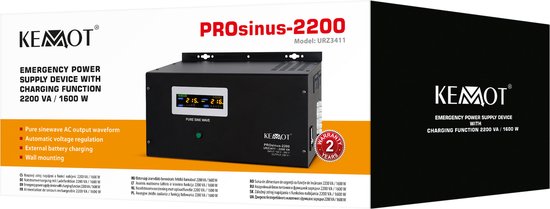 Wall-mounted uninterruptible power supply KEMOT PROsinus-2200 converter with pure sine wave and charging function 12V 230V 2200VA/1600W