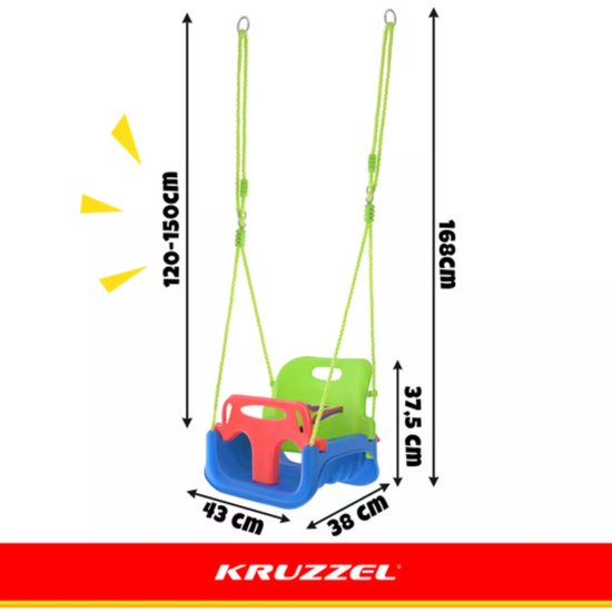 Kruzzel 3-in-1 kinderswing blauw groen rood met veiligheidszitje 43 x 38 x 37,5 cm en verstelbare touwen 120 tot 150 cm