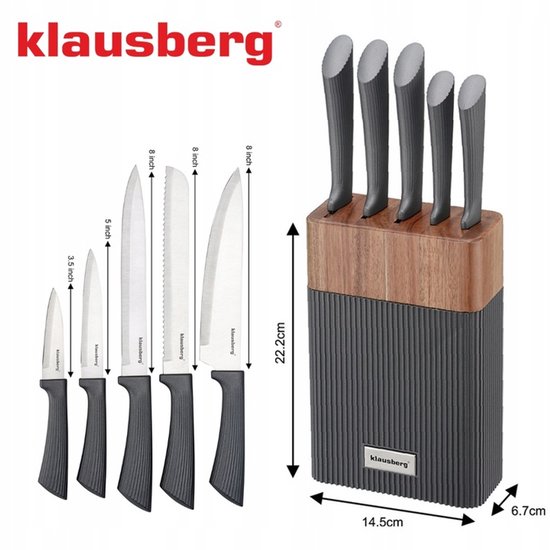 KLAUSBERG 6-Delige Messenset – Acaciahouten Blok – Roestvrijstaal – Grijze Anti-Slip Handgrepen – KB-7979