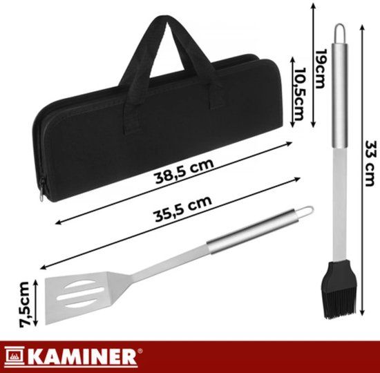 Kaminer Barbecue set met tang, spatel en borstel in stevige koffer voor tuin, camping en onderweg
