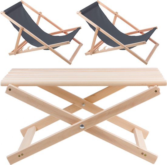 Tuinset - 2 ligstoelen Grijs + Tafel van beukenhout van hoge kwaliteit