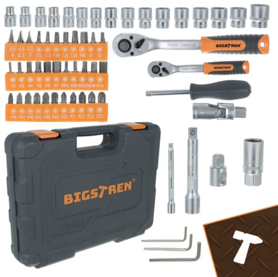 Bigstren Professionele 72-delige doppen en ratelset met CrV gereedschap voor huis en auto