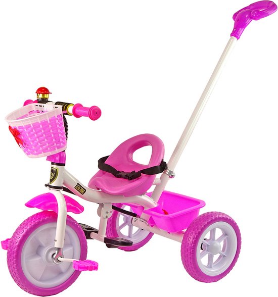 Driewieler - met duwstang en fietsmandje- 95x48x90cm - roze