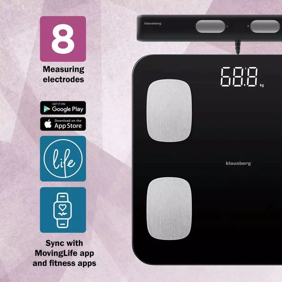 Klausberg 7852 - Slimme Bluetooth Personenweegschaal met Lichaamsanalyse en Handgreep – Gewicht, BMI, Vetpercentage, Spiermassa, Kleurendisplay - zwart