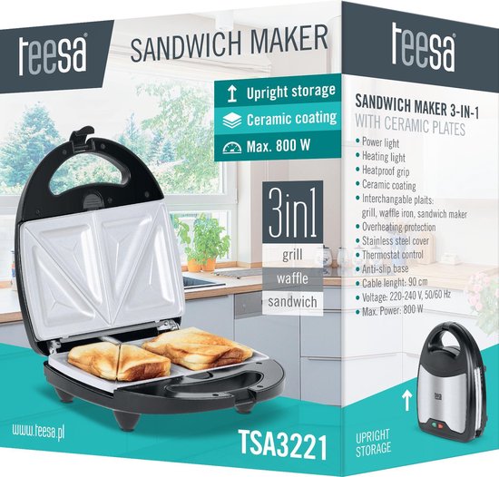 Teesa TSA3221 - Multifunctionele tosti grillplaat, 3-in-1, roestvrijstaal