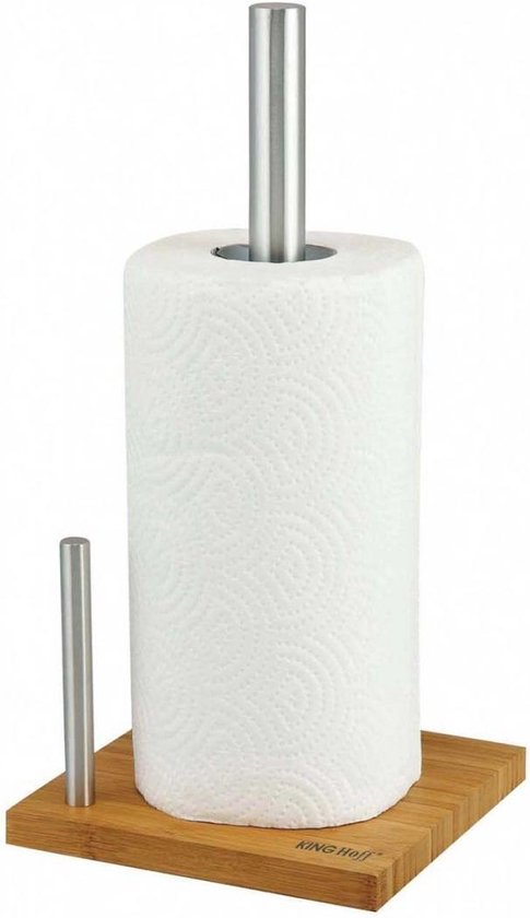 Kinghoff 3921 - RVS Keukenrolhouder XXL - Met Bamboe Voet - Geschikt voor Grote Keukenrollen - 33 cm