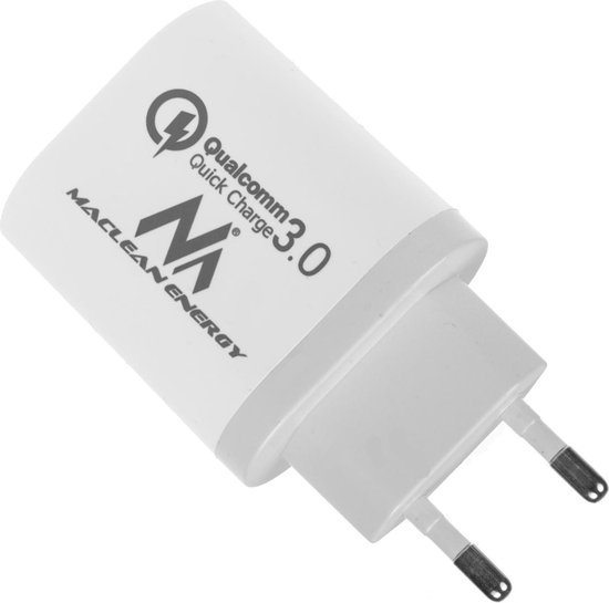 Maclean Energy MCE479 W - Adapter oplader - Oplaadstekker - wit Qualcomm Quick Charge QC 3.0 - 3.6-6VV / 3A, 6-9V / 2A, 9-12V / 1.5A en 2 stopcontacten 5V / 2.1A Wit