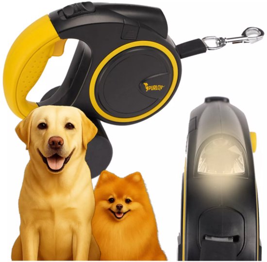 Purlov hondenlijn 5 m met LED‑zaklamp en éénhands rem – nylon band, antislip greep, tot 15 kg