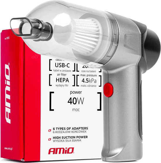 AMiO Auto Stofzuiger Draadloos - Autostofzuiger - Handstofzuiger - 40W - Grijs