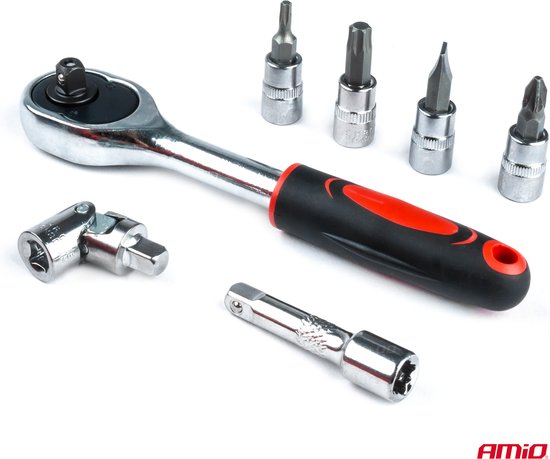 AMiO Ratelsleutel en Dopsleutel Reparatie Gereedschapset (46 Stuks) in Hoogwaardig CR-V Staal in Koffer Rood