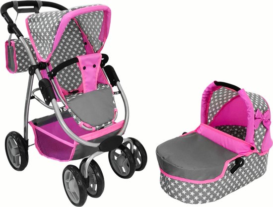 2-in-1 Poppenwagen met tas - Grijs, roze, wit met sterren - Kinderwagen en reiswieg voor poppen tot 40 cm - Geschikt vanaf 3 jaar