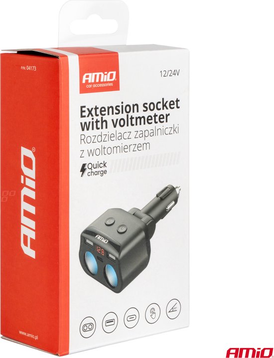 AMiO Dubbele Sigarettenaansteker Plug Splitter met (2x USB-A & 1x USB-C) 12V/24V en Voltmeter Zwart