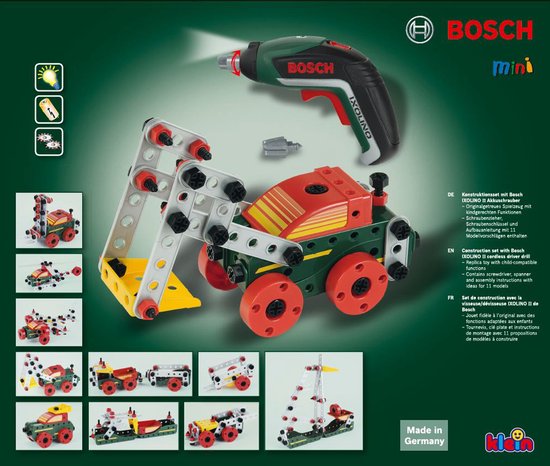 Klein Toys Bosch mini - Multitech Ixolino II bouwpakket - 107 onderdelen, schroevendraaier, steeksleutel en accuschroevendraaier - incl. handleiding voor 11 modellen - groen rood geel