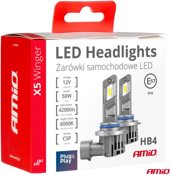AMiO LED Koplampen X5-serie WINGER H4 6000K max 50W Dimlichten Wit