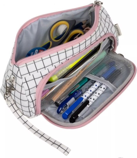 Maaleo Dubbele Uitbreidbare Etui - Wit Geruit - Twee Compartimenten - Mesh Organizer