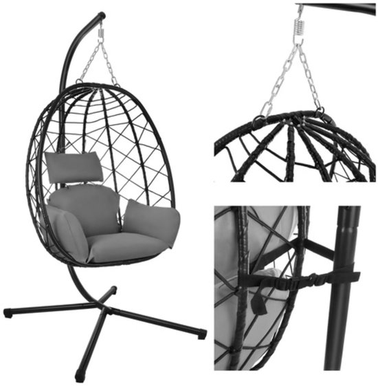 Gardlov Hangstoel cocoon met frame zwart en grijze kussens 194 cm draagkracht 150 kg voor tuin, terras of balkon