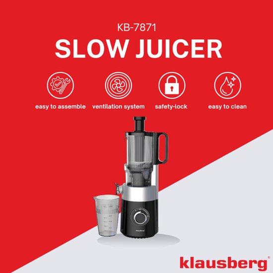 Nieuw - Klausberg KB-7871 Slowjuicer – Cold Press - Stille verticale juicer sapcentrifuge met brede vulopening – Fruitpers - Zwart/Zilver
