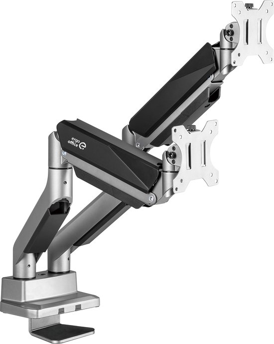 Ergo Office - 2-compartiment monitorhouder met gasveer | 17-35" - Draaibaar | Kantelbaar - In hoogte verstelbaar | Dubbele arm VESA 75x75 100x100