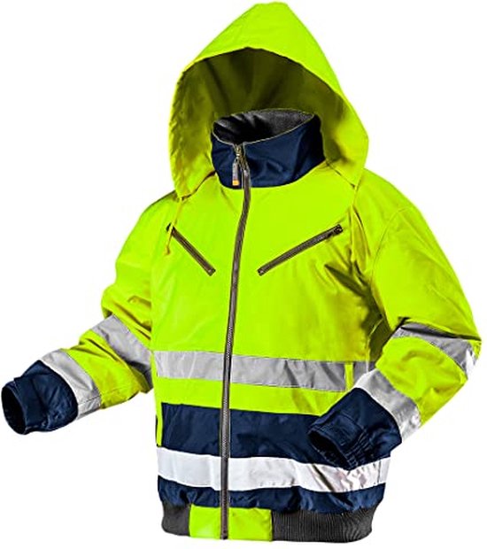 Neo Tools Hi-Vision Gevoerde Werk Jas Flu Geel S/48 Donkere Stof Water En Wind Bestendig ISO 20471:2013 ISO 13688:2013